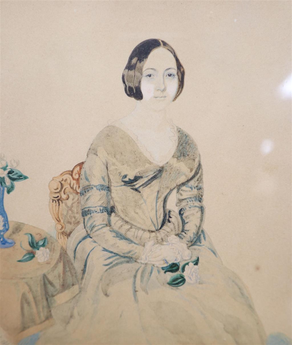 Victorian School, watercolour, Portrait of a Isabella-Wilson, initialled ARS and dated 1845, 15 x 13cm